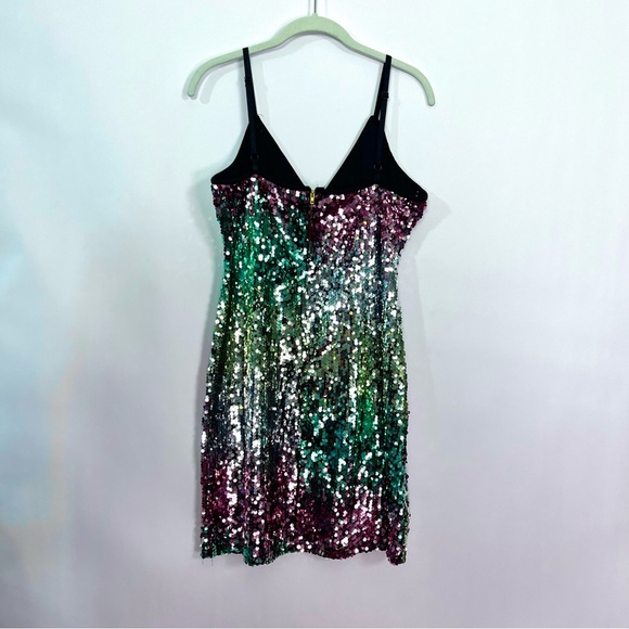Sleeveless Ombré Flip Sequin V Neck Dress Green Pink Silver Yellow Sz Medium - Picture 2 of 5